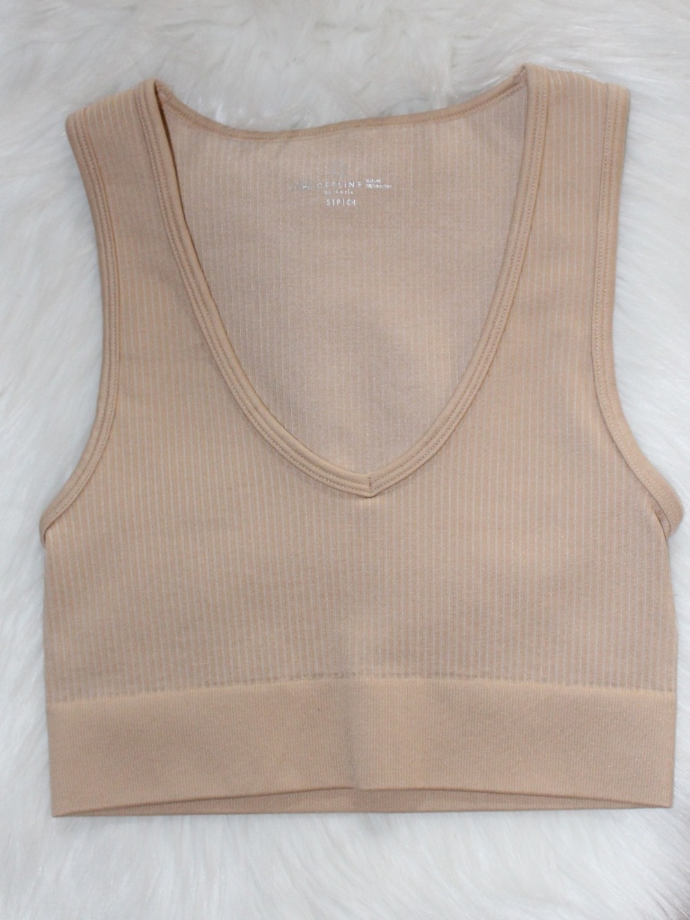 Offline by Aerie Ribbed V-Neck Crop sports bra in Light Beige